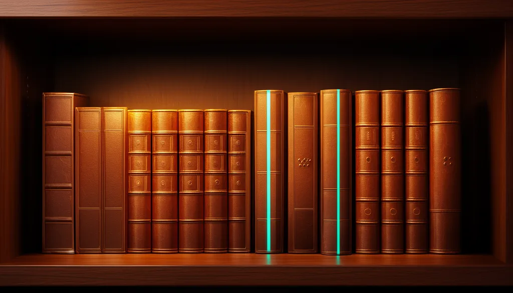 Illustrative artwork, not mission photography: closed leather-bound volumes on a dark wooden shelf in warm amber light, with muted rust tones and a single cool teal-green accent. A stand-in for the completed record of the fictional Red Horizon mission: the calibrated science archive and final engineering report, completed on 30 June 2036.