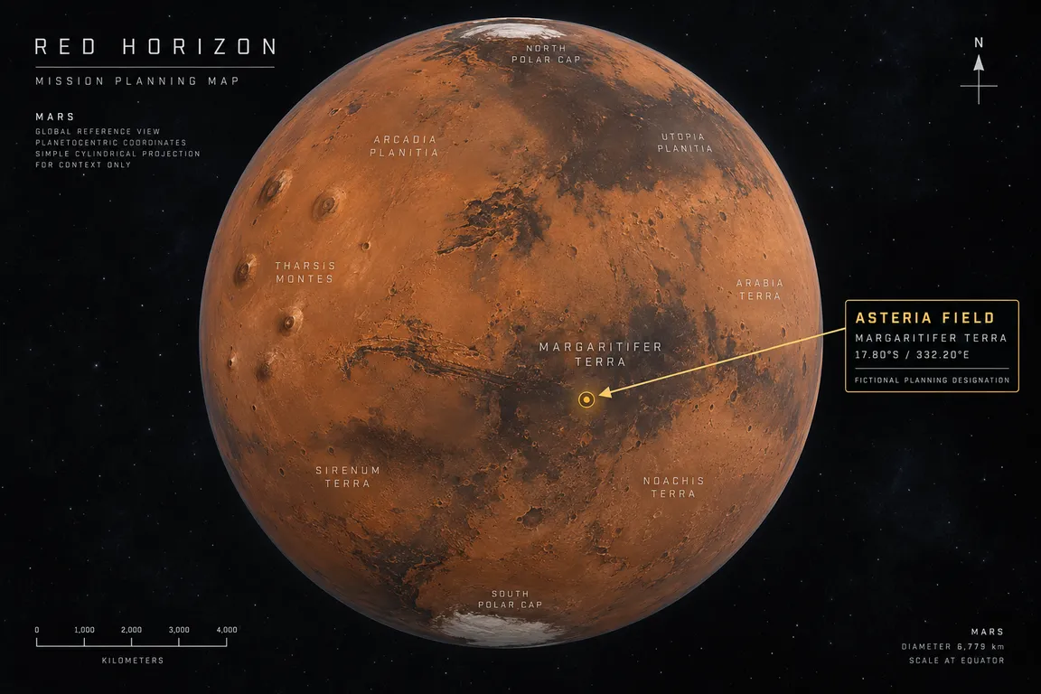 AF-01. Whole-planet Mars view with an arrow marking the fictional Red Horizon target region; a generated visualization, not orbital imagery.