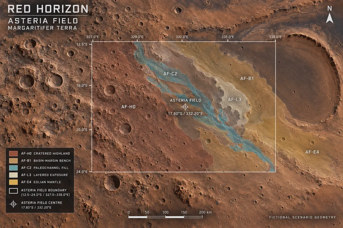 AF-02. Regional map of the fictional planning envelope with working terrain units and a centre marker; a generated visualization, not orbital imagery.