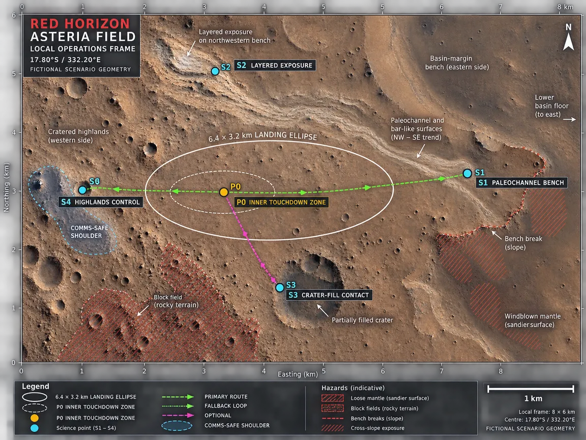 AF-03. Local operations frame for the fictional planning area with scenario planning overlays; a generated visualization, not orbital imagery.