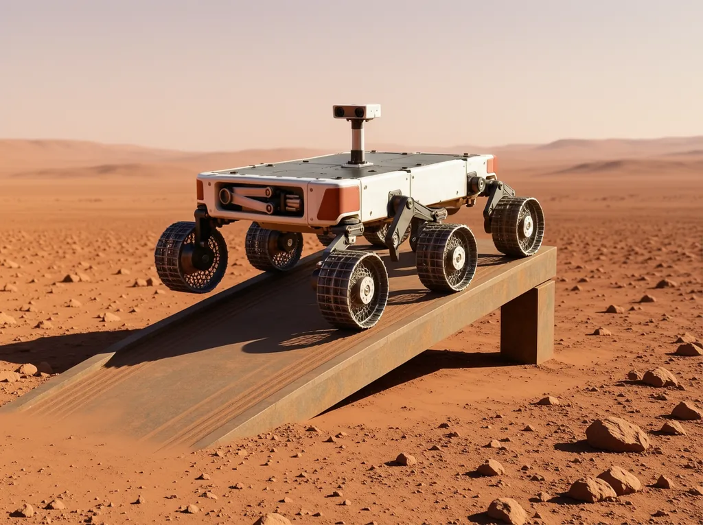 Illustrative full-rover scene of the fictional RH-01 Pathfinder rover stationary on a clearly inclined ramp leaving a landing platform onto the Martian surface at Asteria Field; warm-white body with muted red identification panels, dark instrument deck, short central stereo mast, six open-mesh wheels with articulated suspension, contact arm stowed in travel cradle; no dust plume, no motion blur, no wheel tracks behind the rover on the deck or ramp; label as illustrative artwork, not documentary mission imagery