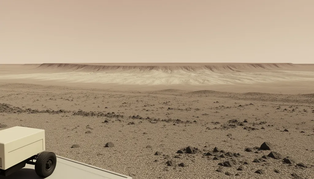 Illustrative panorama of the fictional Red Horizon mission's landing terrain at Asteria Field from the rover's first mast-height view: a wide rocky plain scattered with dark rocks and dust ripples, a pale layered mesa near the horizon under a dusty ochre sky. Not mission photography.