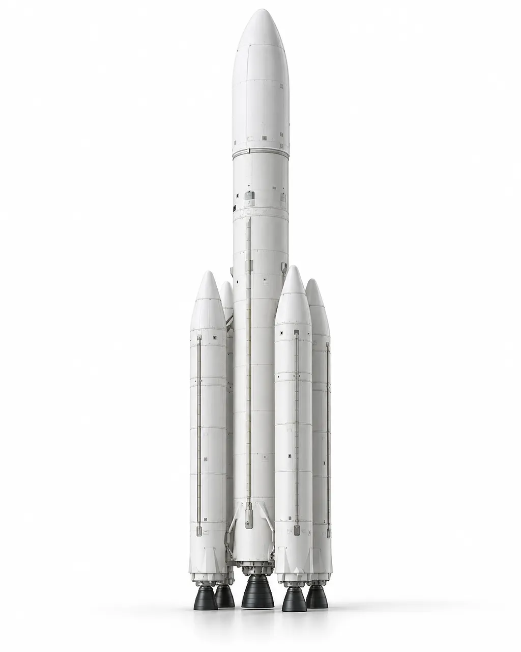 Illustrative artwork, not a photograph: a white uncrewed heavy-lift launcher with one central core and four strap-on boosters, two on each side, five dark engine bells at its base and a short fairing on top, standing on a plain studio floor. A stand-in for the launcher this fictional mission is planned around; no real agency is named or implied.