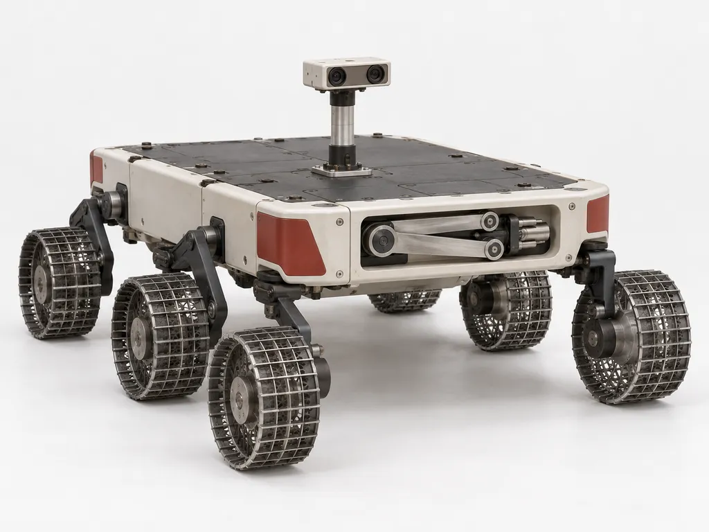 Illustrative artwork of the fictional RH-01 rover in its clean baseline configuration: warm-white rectangular body, dark deck, six open-mesh wheels, short stereo mast, front contact arm in its travel cradle on a neutral white background. Illustrative artwork, not mission photography; a fictional vehicle for a fictional programme; no real agency is named or implied.