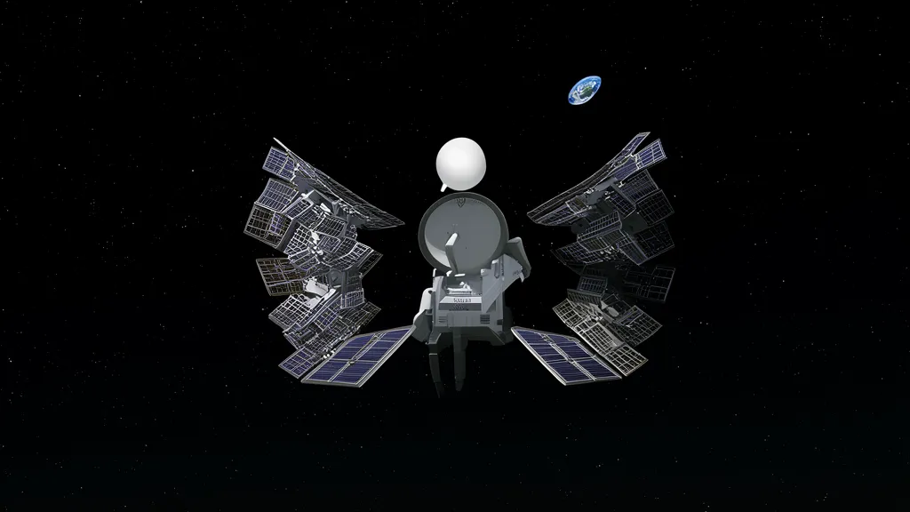 Illustrative artwork, not mission photography: a generic cruise-stage stand-in holds station in deep space with arrays deployed.