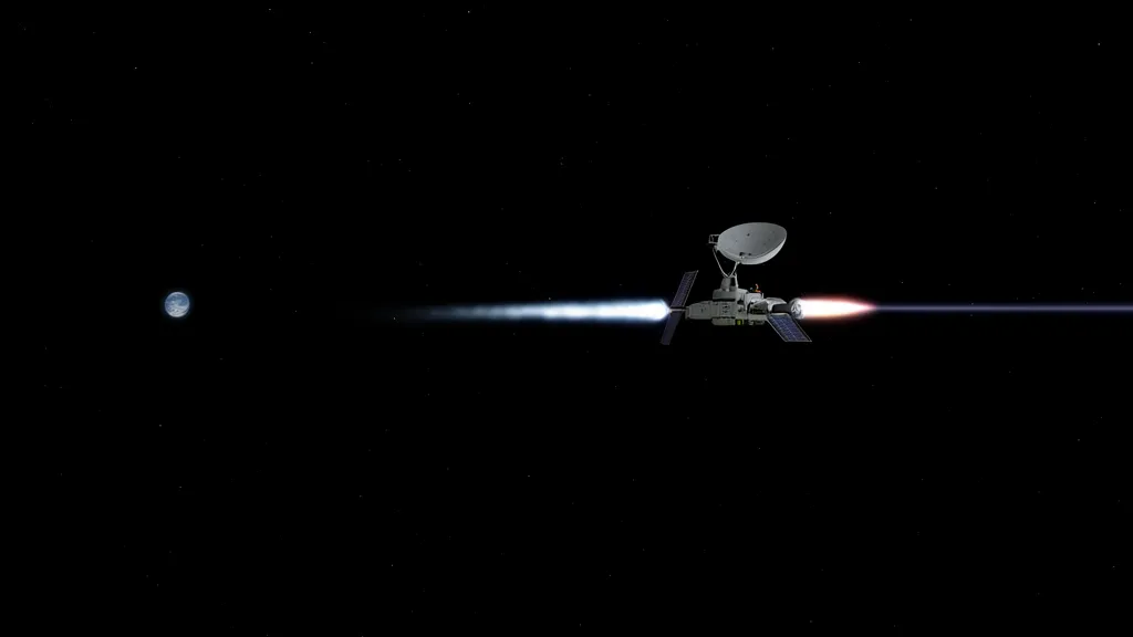 Illustrative artwork, not mission photography: a generic cruise-stage stand-in fires a small correction burn in deep space.