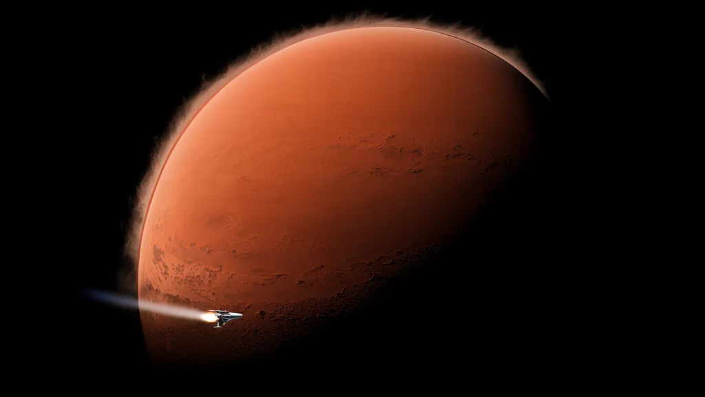 Illustrative artwork, not mission photography: a generic cruise-stage stand-in with Mars ahead, approaching the destination.