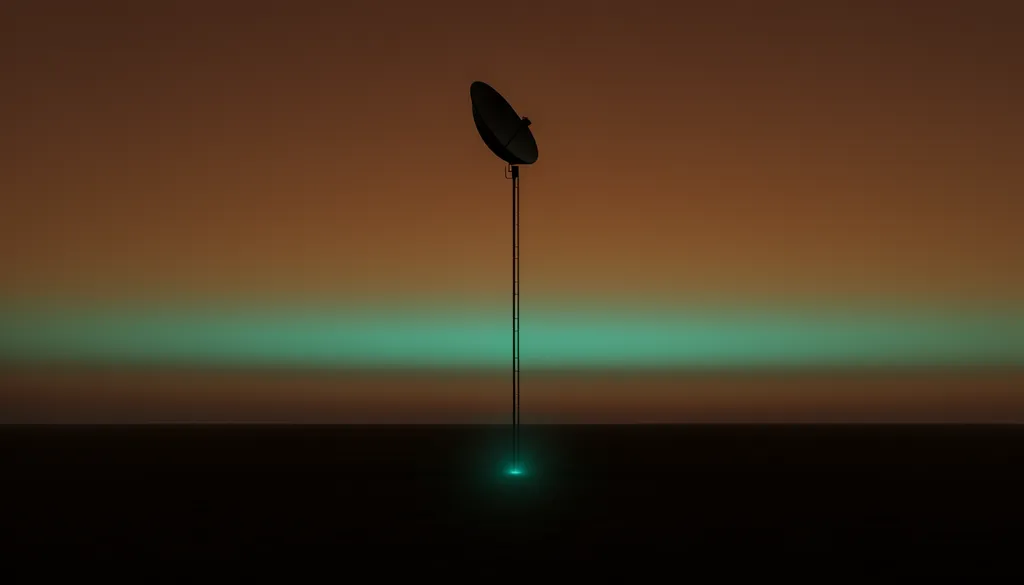 Illustrative artwork of the end-of-life declaration: a lone relay station mast-plus-antenna silhouette on the Asteria Field plain at dusk, its steerable-downlink dish raised and an abstract soft teal glow near its base, under a warm rust-toned sky with a cool teal band. Not mission photography.