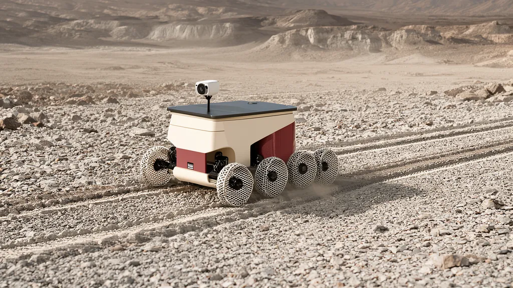 Illustrative artwork, not mission photography: RH-01 Pathfinder on a rocky plain at Asteria Field after its first controlled drive with two clean wheel-track lines behind.