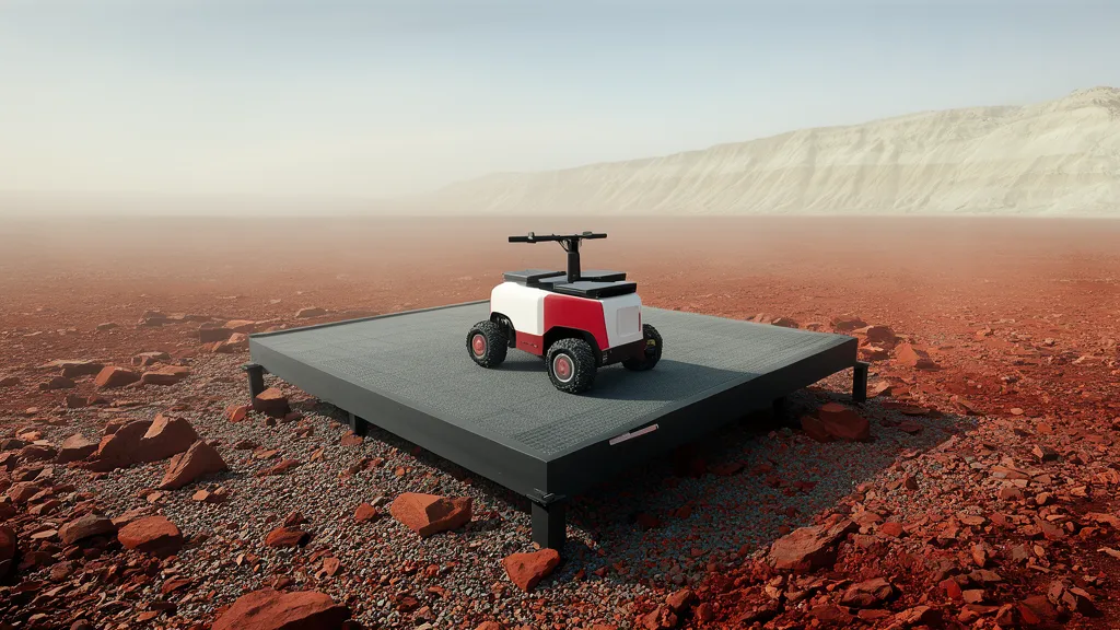 Illustrative artwork, not mission photography: a landing platform on a rust-red rocky plain with a six-wheeled rover aboard.