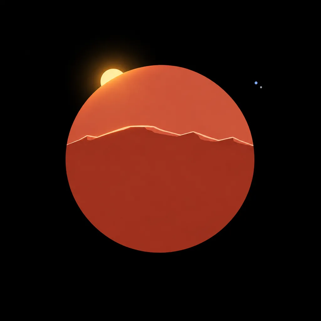 A rust-red Mars disc on black, crossed by low highlighted hills. A small Sun rises behind its upper-left edge, while blue Earth and a smaller Moon point appear at upper right.