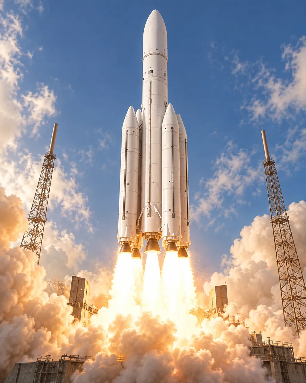 Illustrative artwork, not mission photography: a white uncrewed heavy-lift launcher lifts off and climbs from its pad, one central core with four strap-on boosters and five firing engine bells, bright engine flame and heavy trailing smoke, two lattice towers beside the pad, blue sky with clouds. A stand-in for the launcher this fictional mission is planned around; no real agency is named or implied.