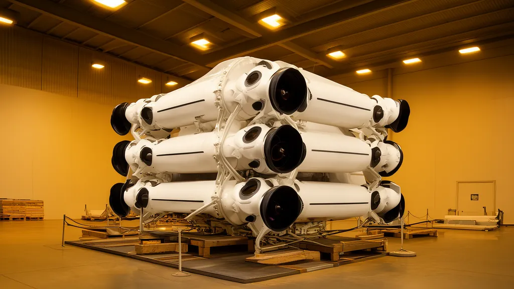 Illustrative artwork, not mission photography: a white heavy-lift launch vehicle fully assembled and upright inside a clean industrial preparation hall.